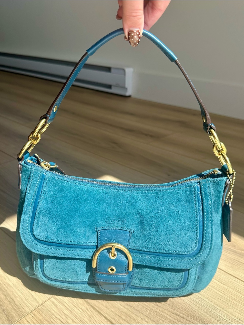 Coach Teal Suede Leather Buckle Shoulder Bag Y2K
